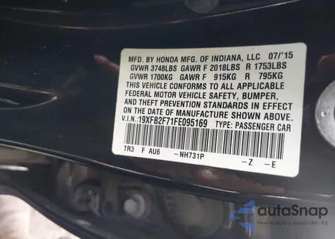 2015 Honda Civic Se z USA, uszkodzony, nr VIN 19XFB2F71FE095169